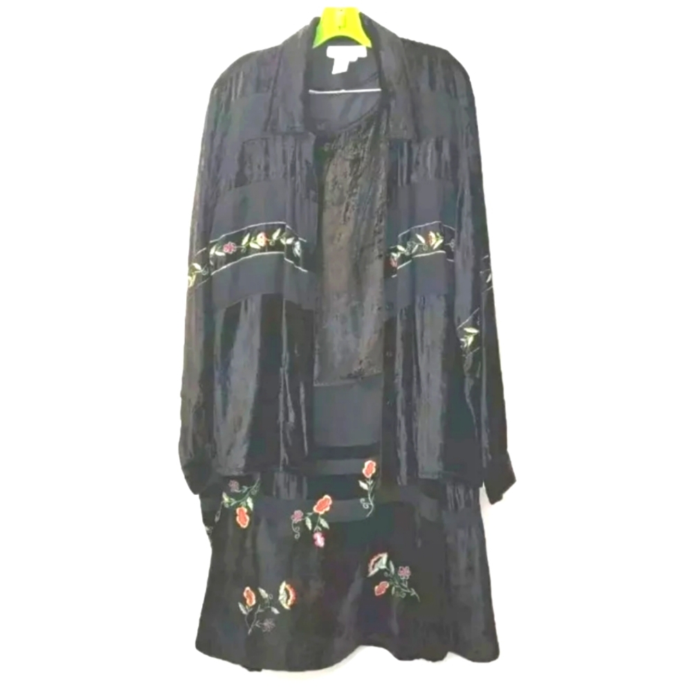 Papillon Boho Jacket Tank Skirt 3pc Set Woman XL Navy Floral Embroidered Fairy